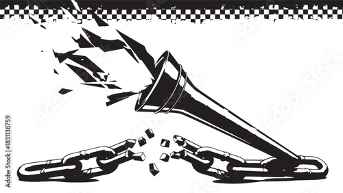 Stylized broken torch and shattered chain symbolizing liberation and resistance.