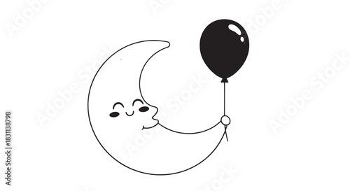 Smiling crescent moon character holding a balloon illustration.
