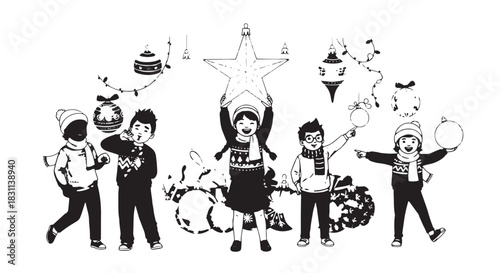Children playing dress-up and pretending to be superheroes in a whimsical black and white illustration.