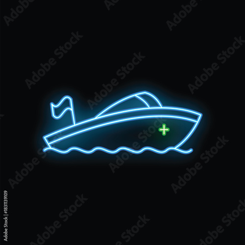 Vibrant neon sign depicting a motorboat cruising on stylized waves, illuminated against a dark background