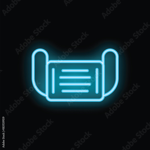 Blue neon sign showing a surgical mask icon, shining on a black background