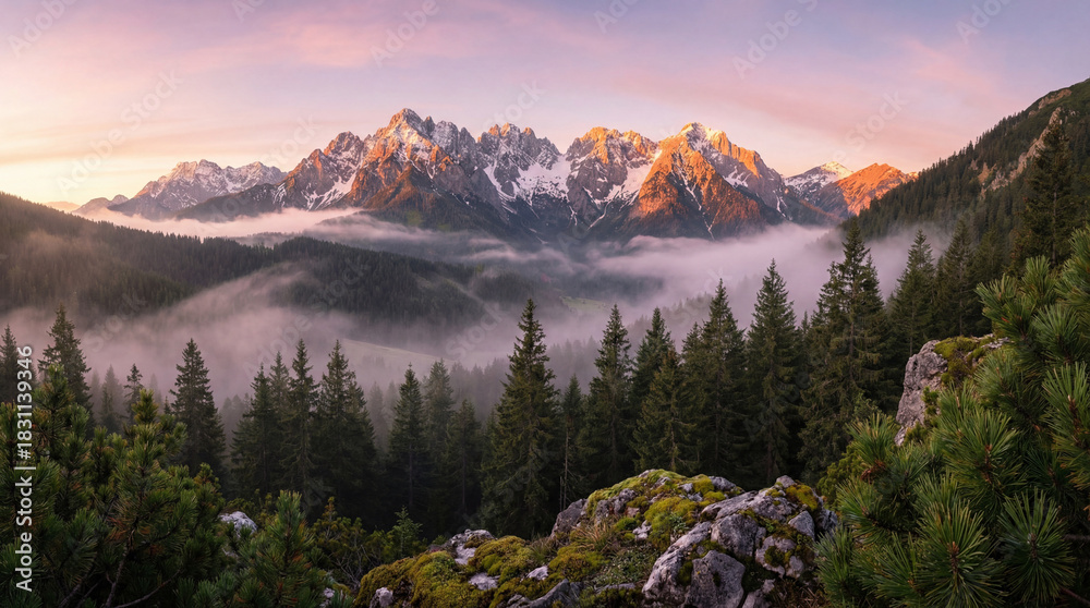 Obraz premium Serene Mountain Landscape at Dawn — Misty Forest & Sunrise Light