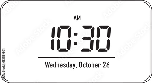 Digital clock display showing time and calendar date on a simple monochrome screen.