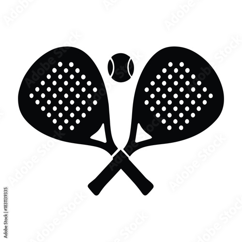 Black silhouette of a padel racket with a textured surface and handle, used for playing padel tennis
Silhouette logo of crossed padel racket and ball with simple and modern design