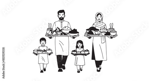 Black and white illustration of family serving meals together.