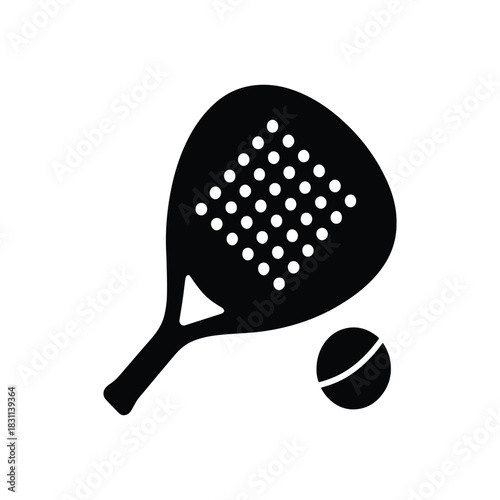 Black silhouette of a padel racket with a textured surface and handle, used for playing padel tennis
Silhouette logo of crossed padel racket and ball with simple and modern design