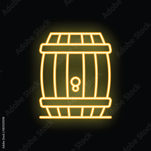 Yellow neon sign of a wooden barrel with a tap, glowing on a black background