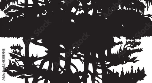 Black silhouette of tall evergreen trees against white background.