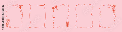 Set of crayon hand drawn coquette style whimsical frames with wine bottle and wineglass, charcoal grape, vine. Pink bachelorette party, girly birthday, wedding, Valentines day wavy rectangle frames