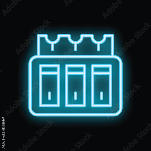 Neon blue icon of an electrical fuse box glowing against a black background