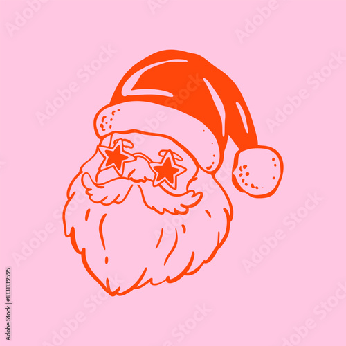 Hand drawn doodle whimsical quirky Santa head wearing star glasses. Merry Christmas and Happy New Year disco party, nightclub poster, invitation, background. Funky sketch character