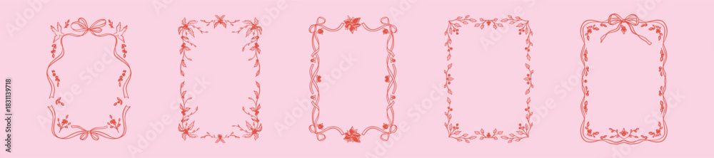 Obraz premium Set of whimsical hand drawn doodle crayon Merry Christmas and Happy New Year coquettish pink frames with bow ribbon, poinsettia, mistletoe, holly. Vintage victorian Parisian style rectangle border