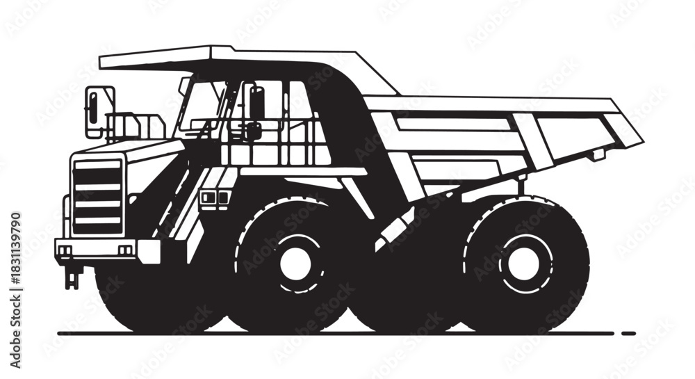 Naklejka premium Monochrome illustration of a large offroad mining dump truck.