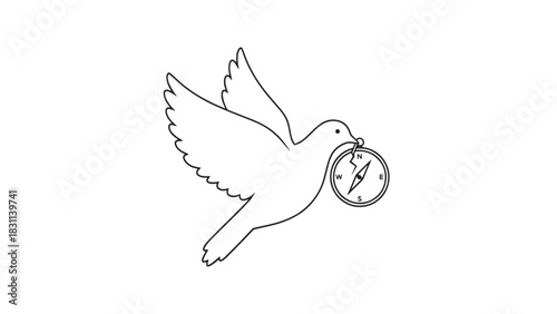 Minimalist dove carrying a compass symbolizing peaceful guidance and direction.