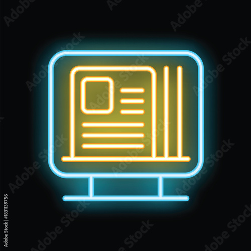 Neon sign showing a computer screen displaying a blog post, glowing on a dark background