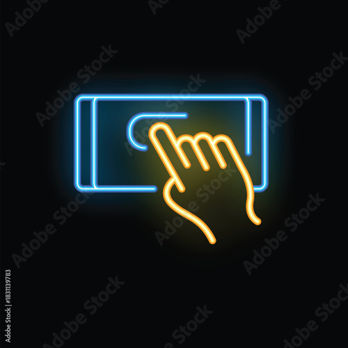 Neon sign representing a hand using the touch screen of a smartphone, on a dark background