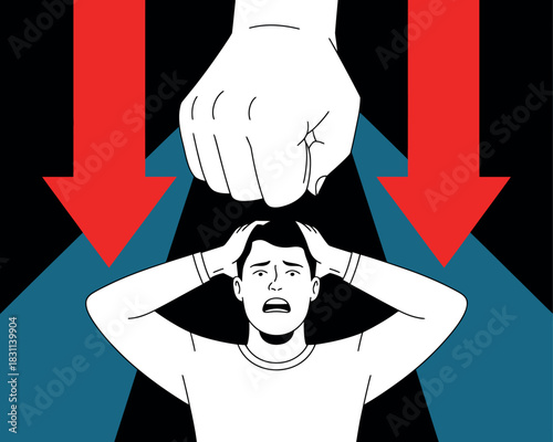 Overwhelmed man clutching head as huge fist looms overhead with red arrows pointing down.