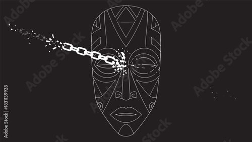 Abstract geometric tribal mask pierced by a shattering chain.