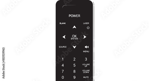 Sleek black minimalist television remote control with numeric keypad.