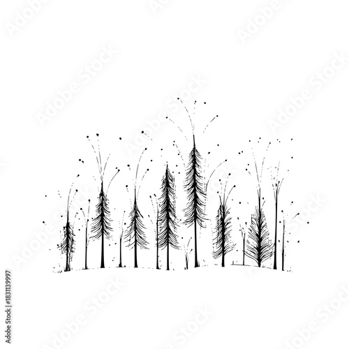 Illustration of a sparse forest with tall thin trees and scattered dot accents in black and white style