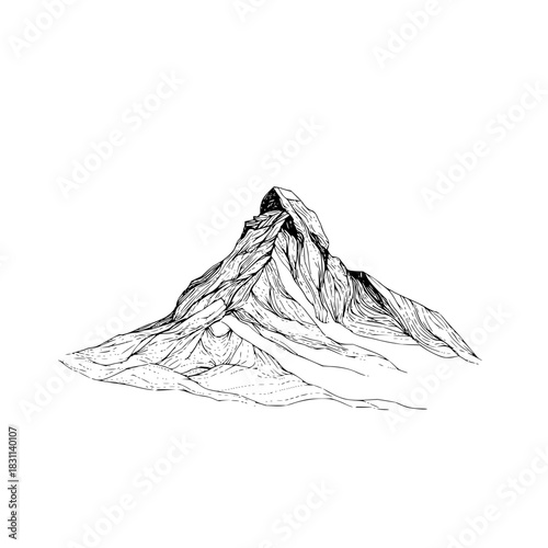 Detailed line drawing of a majestic mountain peak with intricate geological formations and shading