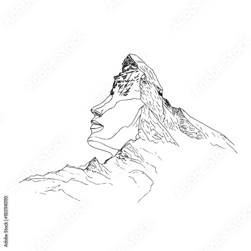 Line art illustration of a mountain range with a woman's face profile integrated into the peak