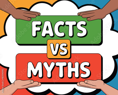 Hands holding opposing signs for facts versus myths, representing decision making and debate.