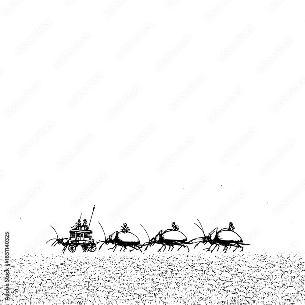 Obraz premium A whimsical scene of a carriage pulled by beetles with tiny riders in a field of grass and foliage