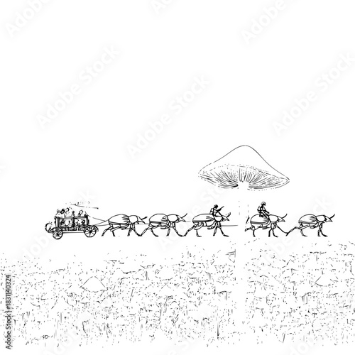 Illustration of a beetle drawn carriage with passengers and beetle riders under a mushroom canopy scene