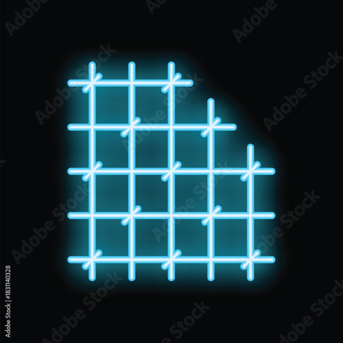 Bright blue neon prison bars are glowing on a black background