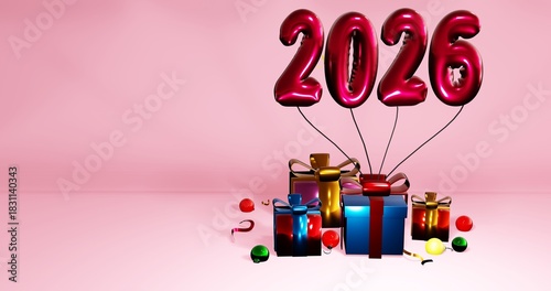 2026 New Year Card With Text Balloons And Gift Boxes