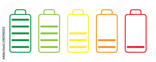 Battery charge level icons for mobile app, tech UI, energy efficiency and digital dashboard projects. Power indicator from full to empty, vector illustration