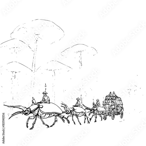Line art depicting a caravan of people riding beetles and a vehicle under mushroom shaped trees