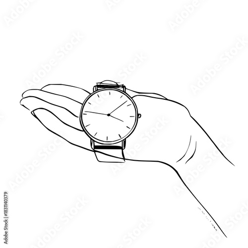 Hand holding a wrist watch with a simple face and leather strap in a minimalist line drawing style