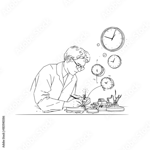 Illustration of a man repairing watches with clocks floating around him in a white background scene