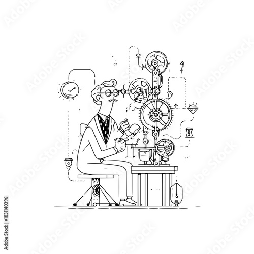 Illustration of a man with glasses working on a complex mechanical device with gears and various components
