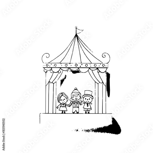 Illustration of three cartoon characters on stage under a circus tent in black and white style