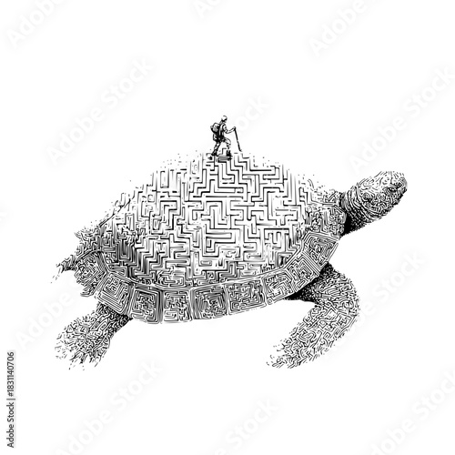 A tiny hiker atop a giant turtle whose shell is a complex maze in black and white drawing style