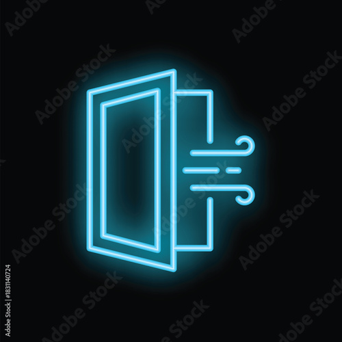 Blue neon icon of open door allowing fresh air in on black background