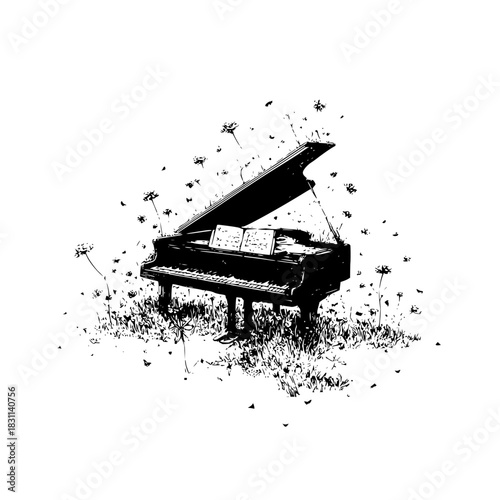 Grand piano surrounded by flowers and foliage in a black and white illustration style image scene