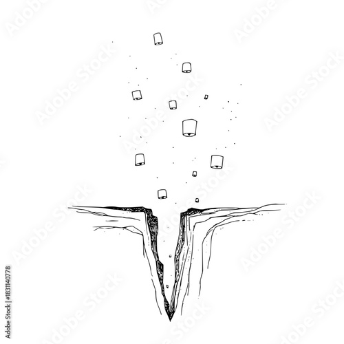 Hand drawn illustration of a deep canyon with floating lanterns and small specks of light above it
