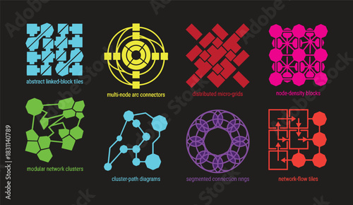 Abstract linked block tiles multi node arc connectors distributed micro grids graphics