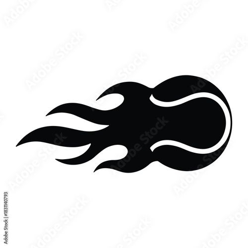 Black and white burning tennis ball stylized with flame design isolated on white background