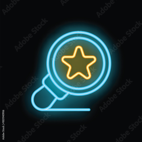 Neon magnifying glass focusing on a star, representing the search for talent, potential, and excellence