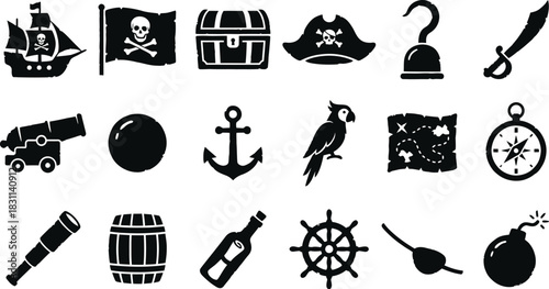 Pirate and nautical adventure silhouette icon set. Marine symbols including pirate ship, treasure chest, skull flag, parrot, anchor, compass, and weapon vector collection.