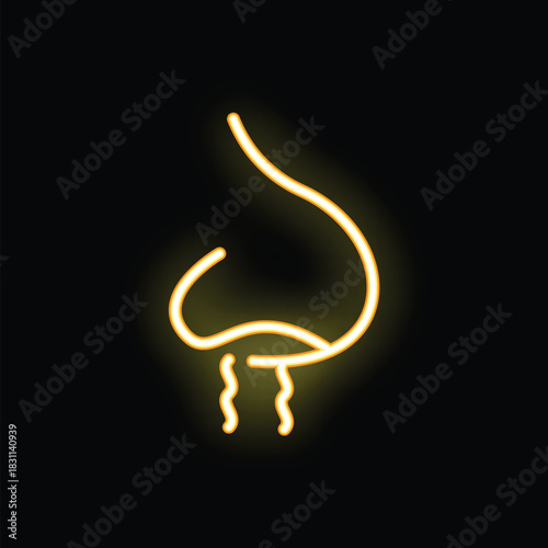 Bright yellow neon sign in the shape of a runny nose is glowing on a black background