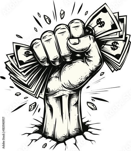 An engraving art style illustration powerful clenched fist bursting through the ground holding a large wad of cash, symbolizing financial strength and success