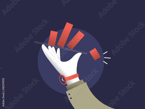 A stylized hand tries to balance a slipping bar chart, symbolizing unstable performance, declining metrics, business risk, and the challenge of maintaining data stability in a fast-changing 