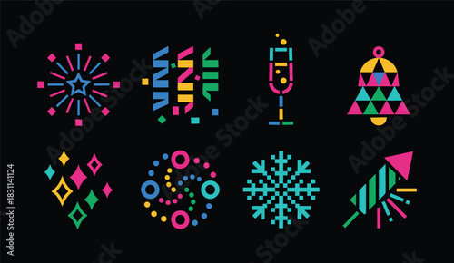 Bright collection of festive confetti, drinks, bells, snowflake and firework graphics on black background