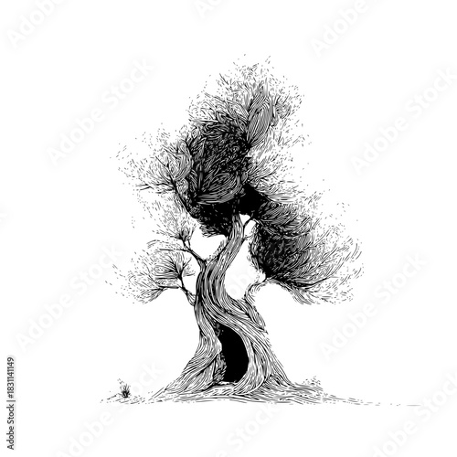 Illustration of a gnarled tree with a hollow trunk and dense foliage in black and white style